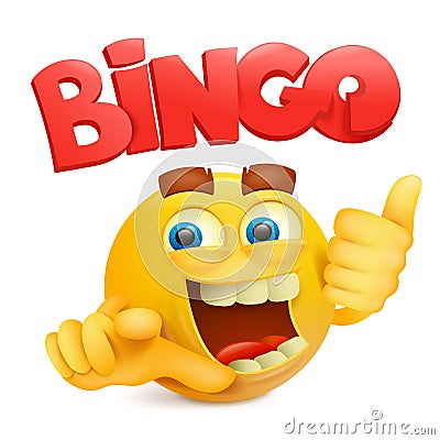 Yellow smile face emoji character with bingo title Cartoon Illustration