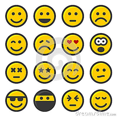 Yellow Smile Icons Set on White Background. Vector Vector Illustration