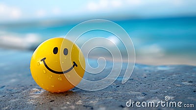 Yellow smiley ball emoticon on the sand at the seashore Stock Photo