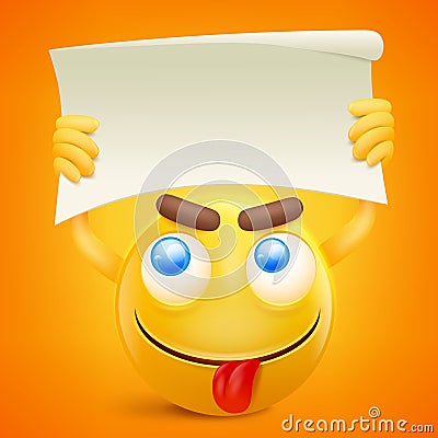 Yellow smiley cartoon character with paper banner in hands Cartoon Illustration