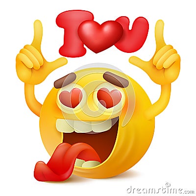 Yellow smiley emticon cartoon character with i love you title in hands Cartoon Illustration