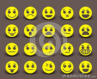 Yellow smiley face icons and emoticons with facial expressions Vector Illustration