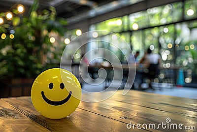 A Yellow Smiling Ball Can Promote a Positive Work Environment. Stock Photo