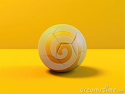 Yellow soccer ball is sitting on bright yellow background. The ball appears to be in center of image, taking up most of Stock Photo