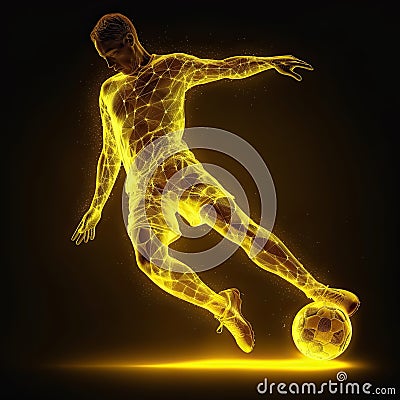 Yellow Soccer player kicker on black background kicking football with dramatic lighting. Stock Photo