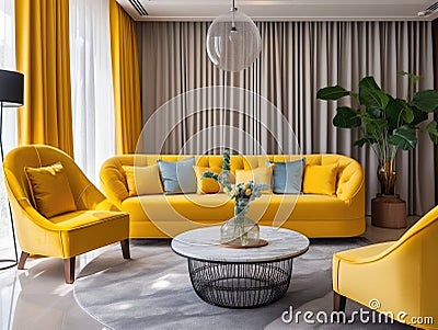 Yellow sofa in luxury art deco style interior design of modern living room with yellow curtains Stock Photo