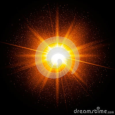 Yellow spark. Star burst with sparkles. Gold glitter particles, dust. Transparent glow light effect. Vector illustration on dark b Vector Illustration