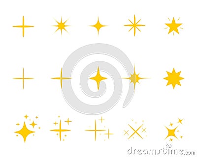 Yellow sparkles in flat style. Golden light star twinkle on isolated background. Silhouette decorative burst for christmas. Magic Vector Illustration