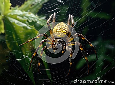 Yellow spider on the web in the forest. Close-up view. Stock Photo