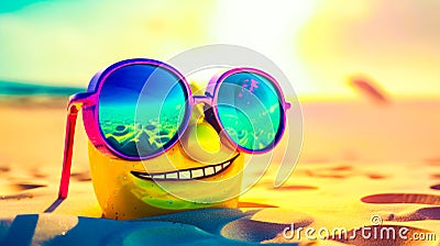 Yellow spongebob wearing sunglasses on top of sand covered beach. Generative AI Stock Photo