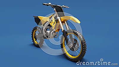 Yellow sport bike for cross-country on a blue background. Racing Sportbike. Modern Supercross Motocross Dirt Bike. 3D Rendering Stock Photo