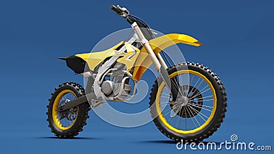 Yellow sport bike for cross-country on a blue background. Racing Sportbike. Modern Supercross Motocross Dirt Bike. 3D Rendering Stock Photo