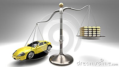 Yellow sports car on a scale against a stack of gold bars symbolizes expensive shopping, overpaying for goods, rip off, luxury Stock Photo