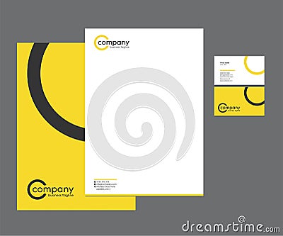 Yellow Stationery Letterhead, Business Card Set with Logo Design Vector Illustration