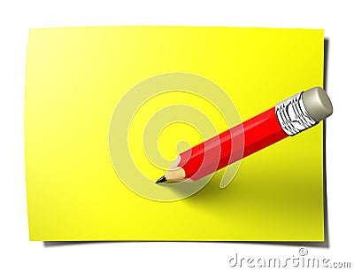 Yellow stick note with pencil Stock Photo