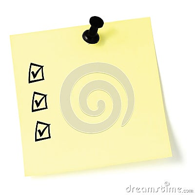 Yellow sticker checklist, black check boxes and tick marks, thumbtack pushpin isolated, blank post-it style to-do list sticky note Stock Photo