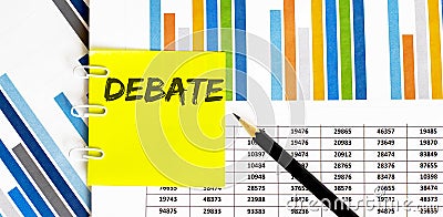 Yellow sticker with text DEBATE on chart with pencil . It can be used as a business and financial concept Stock Photo