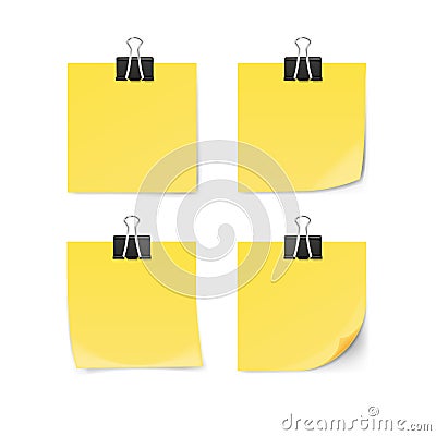 Yellow sticky note with paper clip isolated on white background. Vector Illustration