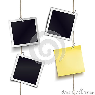 Yellow sticky note and photo frames attached metal paper clips on tapes. Template for design. Vector illustration Vector Illustration