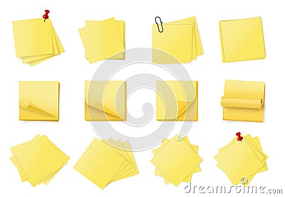 Yellow sticky note stack. Stacked adhesive notes pads with curled corner, paper clips and push pins. Empty notes Vector Illustration