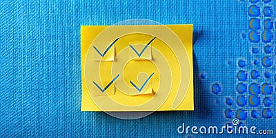 Yellow sticky notes with blue checkmarks on textured blue background representing task completion. Generative AI Stock Photo