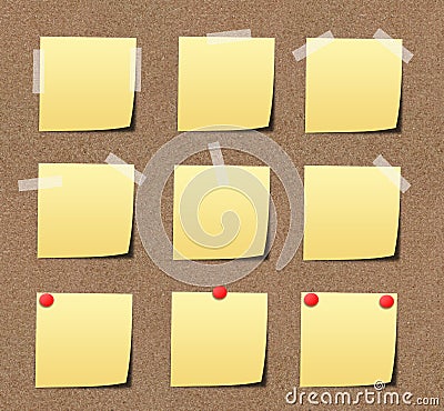 Yellow sticky notes on sand board. Stock Photo