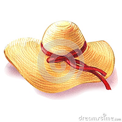 Yellow straw beach sun hat with red ribbon, womens summer accessory, isolated object, summer vacation and travel symbol Cartoon Illustration