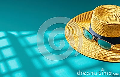 Yellow straw hat with sunglasses on sunny blue background. Summer vacation backdrop. Created with generative Ai Stock Photo