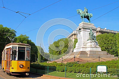 Yellow streetcar in milan city in italy Editorial Stock Photo