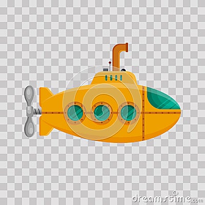 Yellow submarine with periscope on transparent background. Colorful underwater sub in flat style. Childish toy - stock Vector Illustration