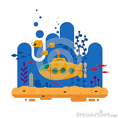 Yellow submarine with periscope underwater concept. Marine life with fish, coral, seaweed, colorful blue ocean landscape Vector Illustration