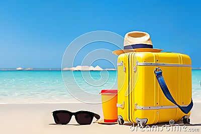 yellow suitcase, hat and sunglasses on beach. AI generative Stock Photo