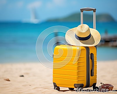 yellow suitcase hat and sunglasses on the beach. Cartoon Illustration