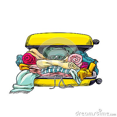 Yellow suitcase, overloaded, opened, full of stuff Vector Illustration