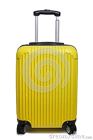 Yellow suitcase for traveling on wheels, white background isolate Stock Photo