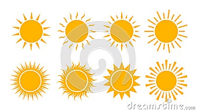 Yellow sun icon set. Flat sunshine logo summer. Simple hot sign. Sunlight burst isolated for ui, mobile. Climate symbol. Abstract Vector Illustration