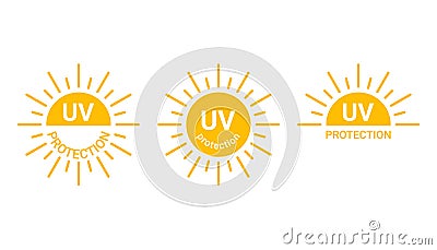 Yellow sun with inscription uv protection icon, sunblock from sunshine and solar burn. Circle full sun and sunlight. Hot Vector Illustration