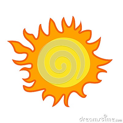 Yellow sun with orange beams crown cartoon vector illustration isolated in bright colors on white background. Sunshine Vector Illustration