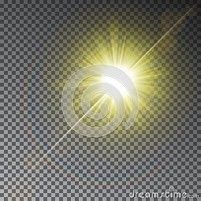 Yellow sun ray light effect with rainbow isolated on transparent background. Warm shiny star on mag Vector Illustration