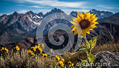 Yellow sunflower blossoms in a meadow, majestic natural beauty generated by AI Stock Photo