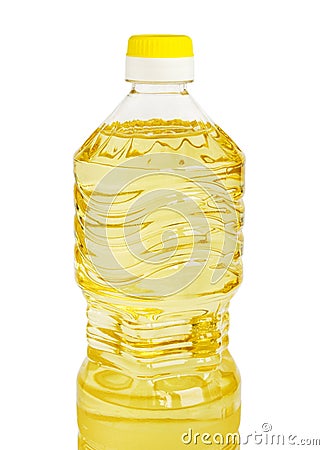 Yellow sunflower or vegetable oil in a plastic liter bottle isolated on white background Stock Photo
