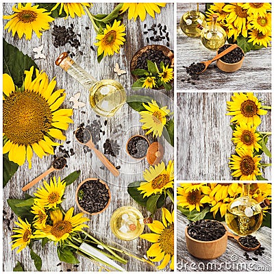 Yellow sunflowers, bottle with oil and sunflower seeds in the wooden bowl Stock Photo