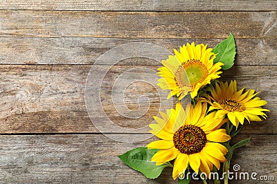 Yellow sunflowers on wooden background, Stock Photo