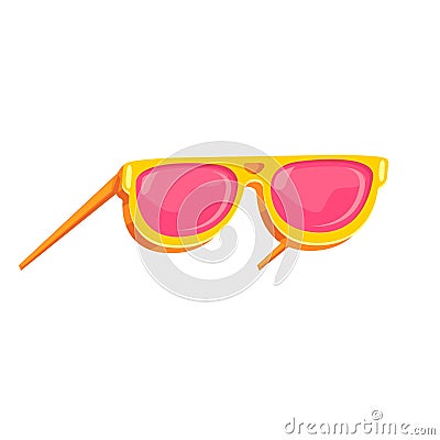 Yellow sunglasses with pink lens isolated on white background. Cartoon funny kids summer sunglasses icon, label and sign Vector Illustration