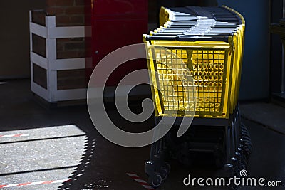 Yellow supermarket trolleys in the sunlight. Stock Photo