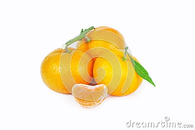 Yellow sweet isolated peeled and whole mandarin clementine tangerine on white copy space with leaf. Tangerines background concept Stock Photo