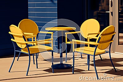 a yellow table with four chairs and a blue wall Stock Photo