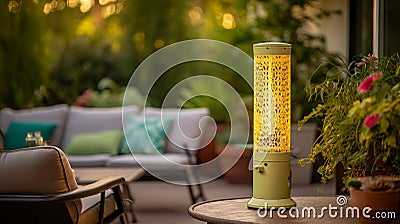 Yellow Weatherproof Heater With Tranquil Gardenscape Design Stock Photo
