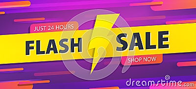 Yellow tag Flash sale 24 hour promotion website banner heading design on graphic purple background vector for banner or poster. Vector Illustration