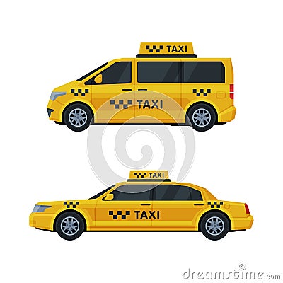 Yellow Taxi or Cab as Passenger Vehicle for Hire Vector Set Vector Illustration